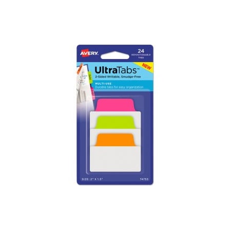 Avery Dennison Avery Ultra Tabs Repositionable Tabs, 2in x 1-1/2in, Neon: Green, Orange, Pink, 24/Pack 74753